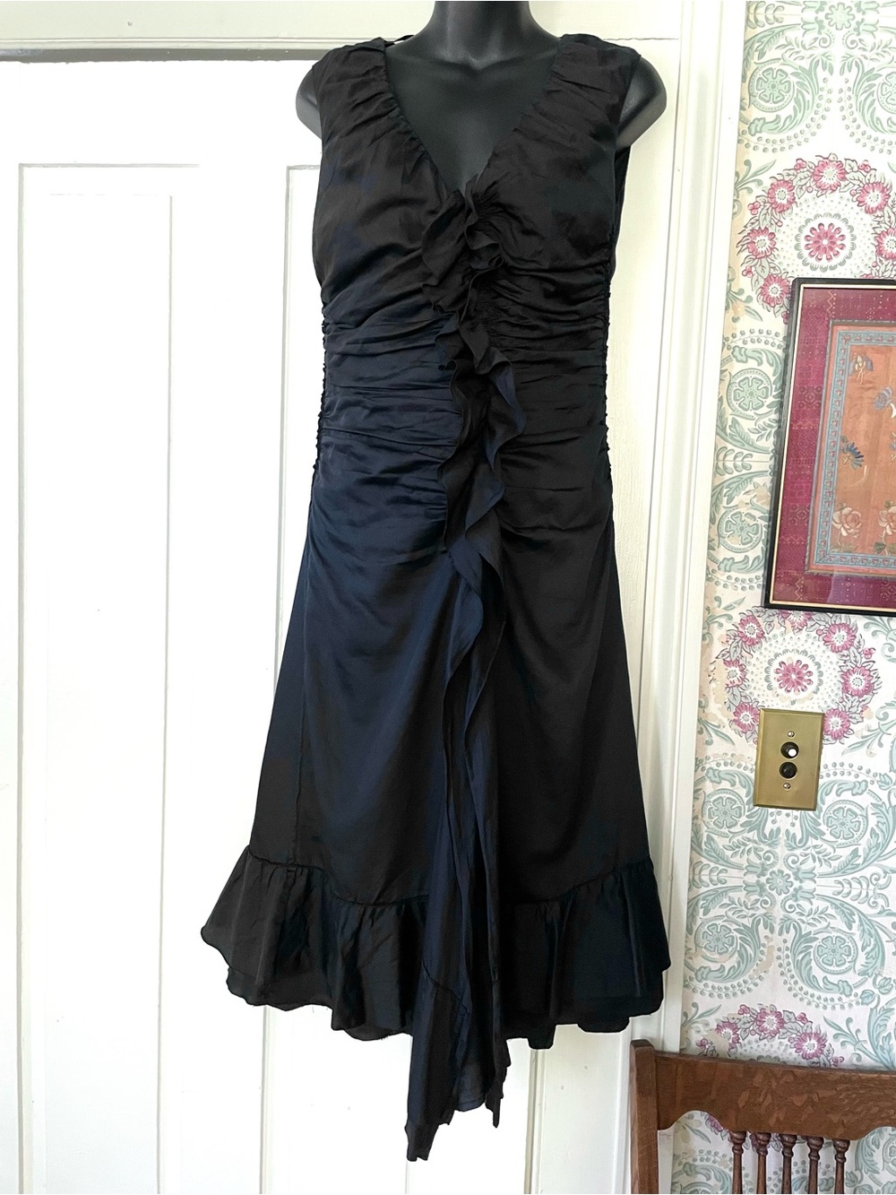 PRADA Black Ruched Ruffle Front V-neck Dress - Picture 1 of 11